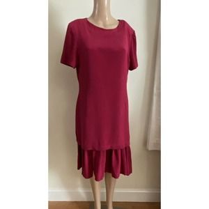Talbots Red/Burgundy Short Sleeve Crew Neck Ruffle Trim Silk Dress Size 10